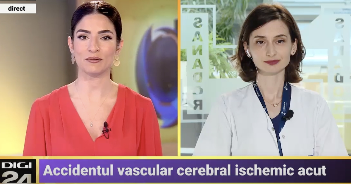 Dr. Iulia Petre, medic neurolog, în direct la televiziunea de știri Digi24, vorbind despre accidentul vascular cerebral