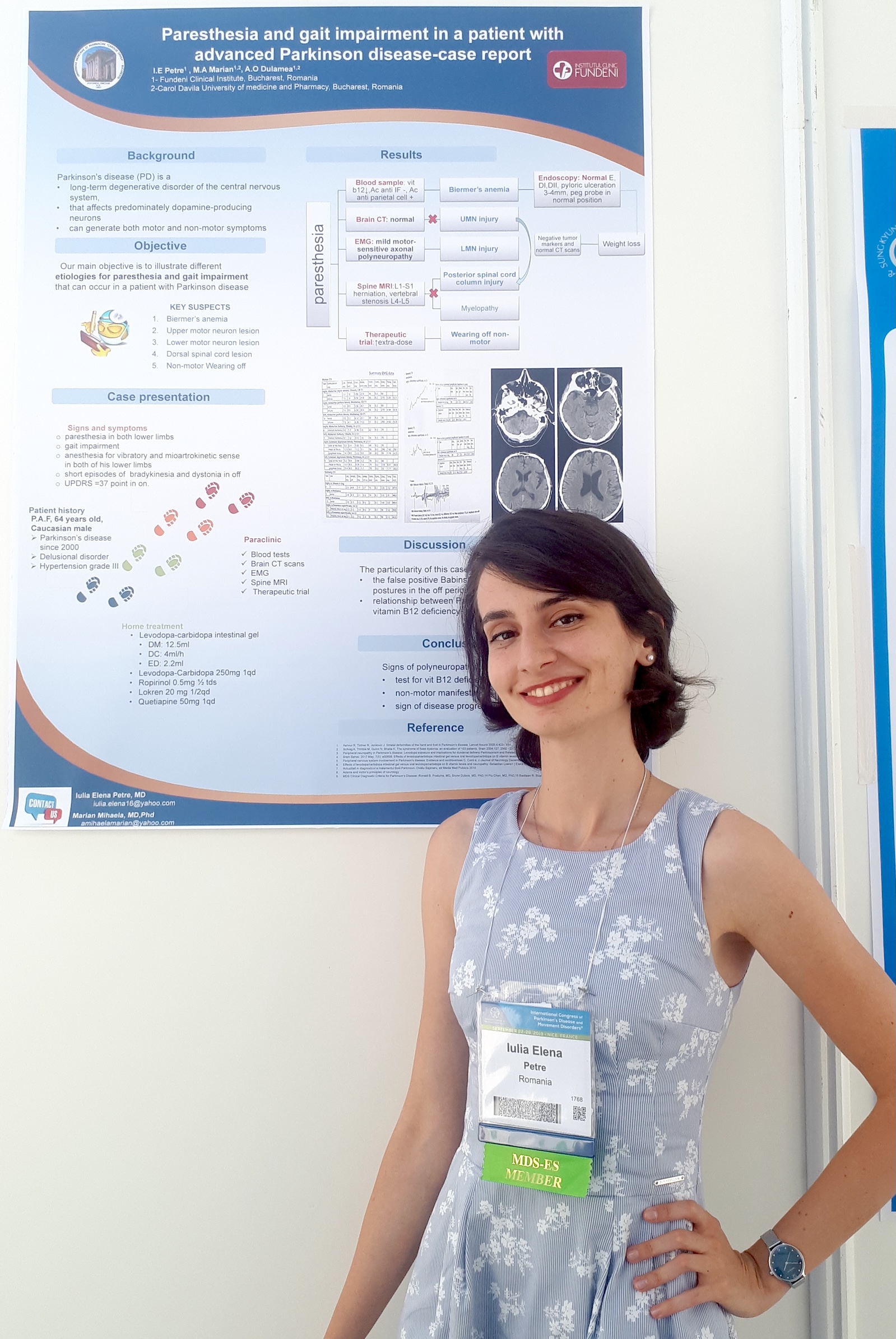 Dr. Iulia Petre, medic neurolog, își prezintă publicația științifică „Paresthesia and gait impairment in a patient with advanced Parkinson disease” la International Congress of Parkinson’s Disease and Movement Disorders din Nisa, Franța