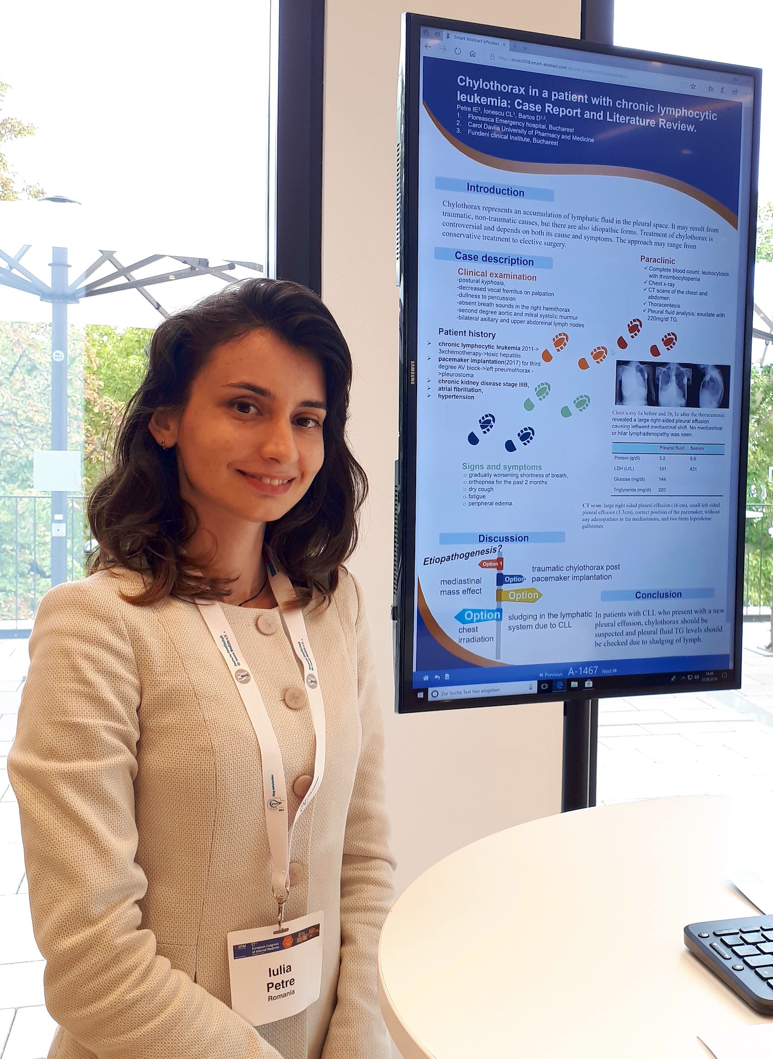Dr. Iulia Petre, medic neurolog, își prezintă publicația științifică „Chylothorax in a patient with chronic lymphocytic leukemia” la European Congress of Internal Medicine din Wiesbaden, Germania